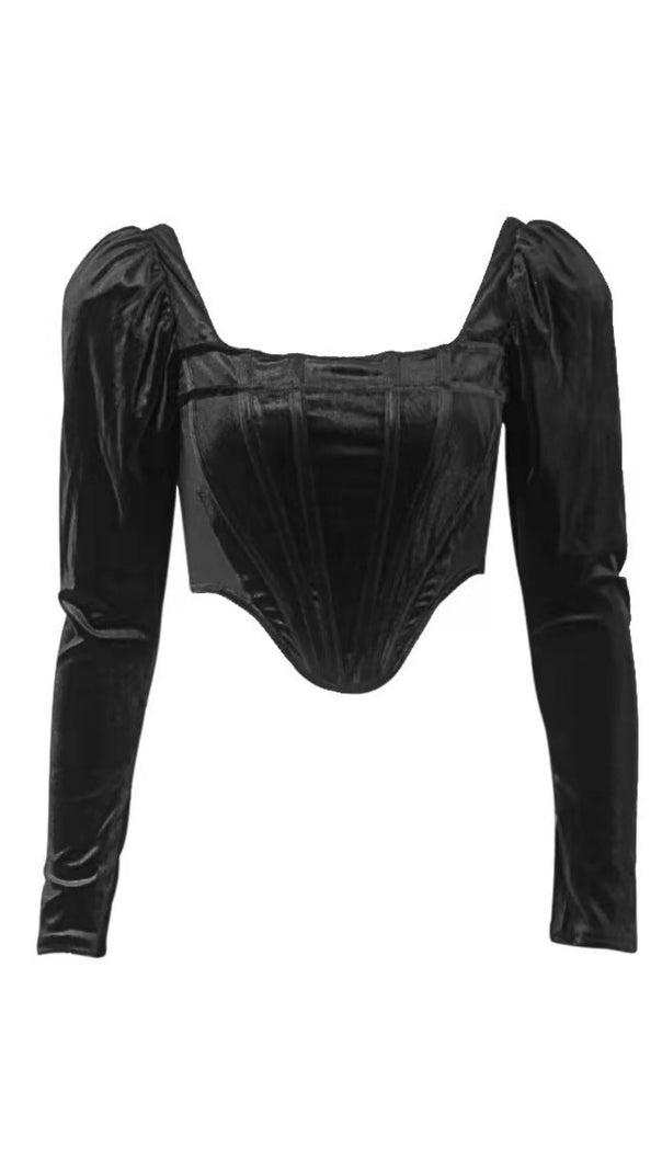 AIIZIE VELVET PUFF SLEEVE CORSET IN BLACK - product image