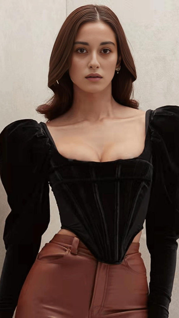 AIIZIE VELVET PUFF SLEEVE CORSET IN BLACK - product image