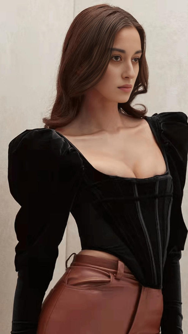 AIIZIE VELVET PUFF SLEEVE CORSET IN BLACK - product image