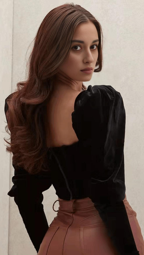 AIIZIE VELVET PUFF SLEEVE CORSET IN BLACK - product image