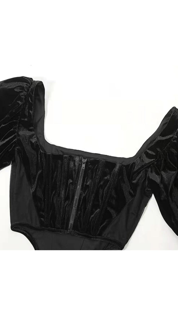Velvet Puff Sleeve Corset in Black