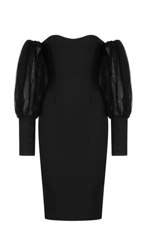 BLACK TUBE TOP PUFF SLEEVES DRESS