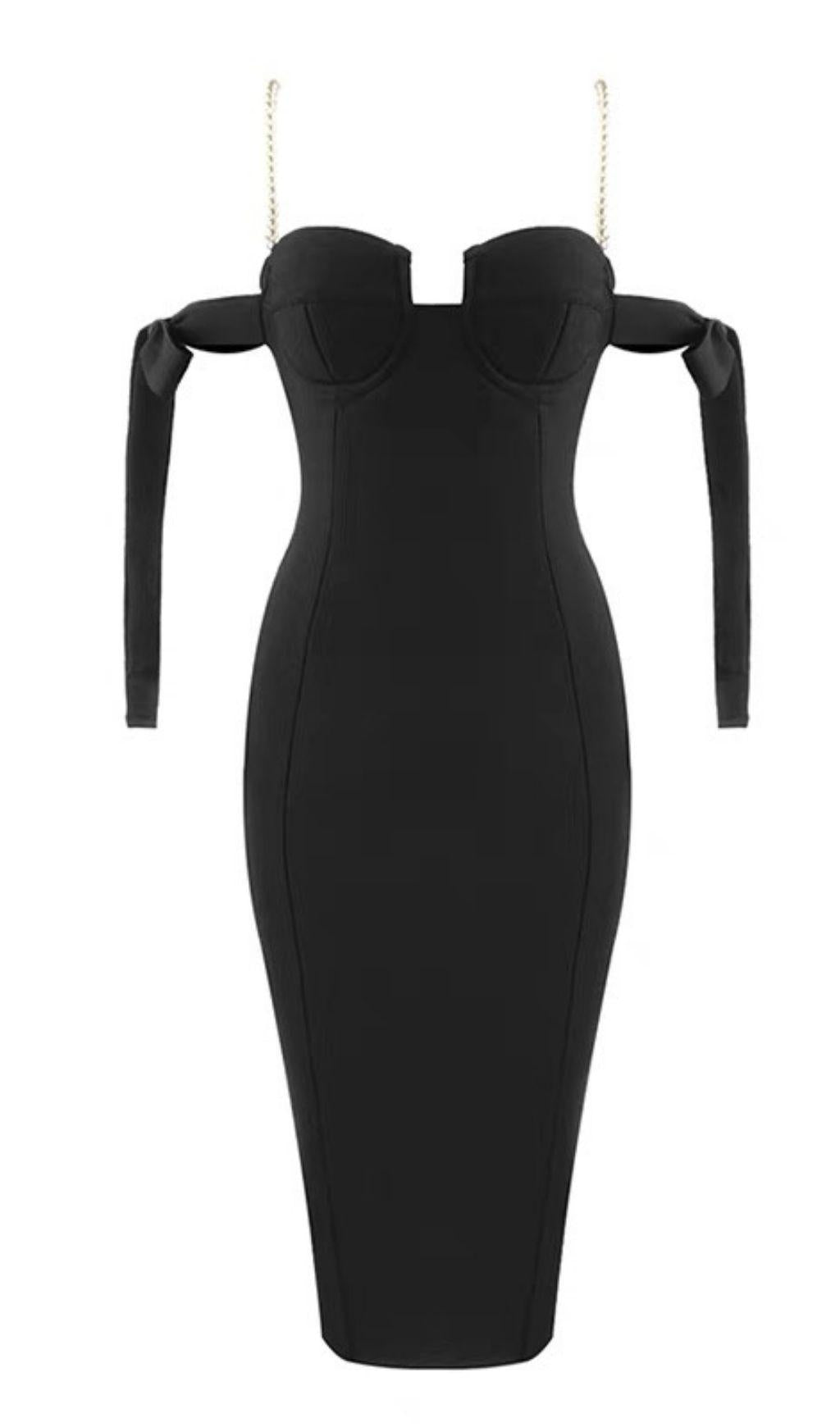 SCHWARZES GERAFFTES MIDI-SOMMERKLEID