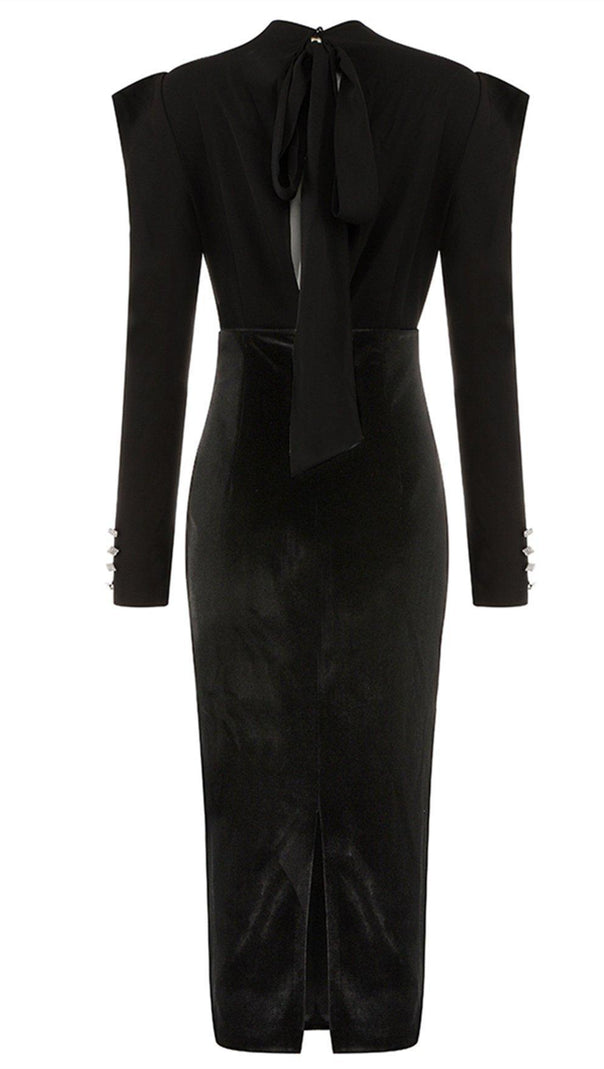 AIIZIE BLACK MID-NECK PADDED SHOULDER WAIST TIE DRESS - product image