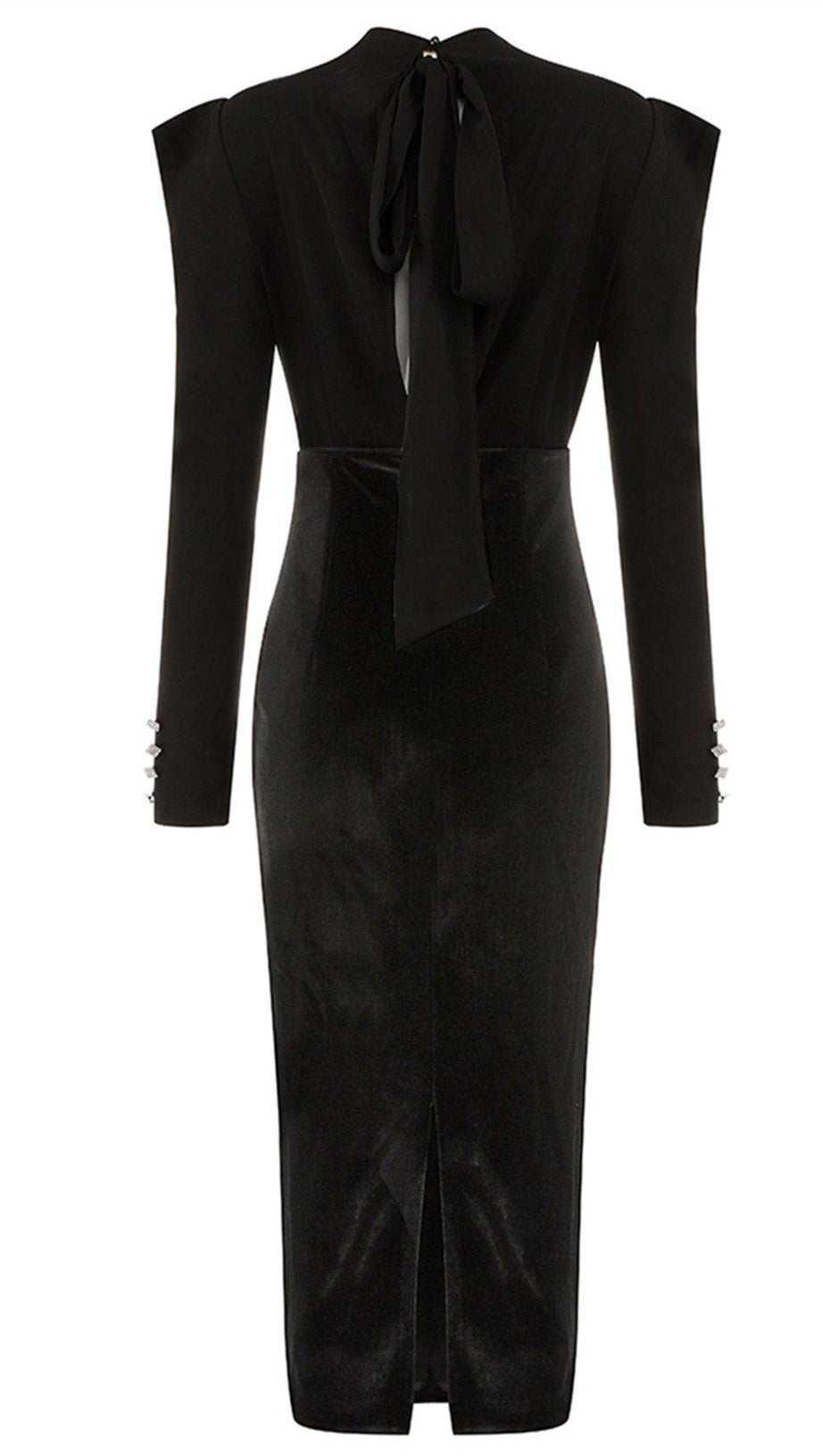 BLACK MID-NECK PADDED SHOULDER WAIST TIE DRESS