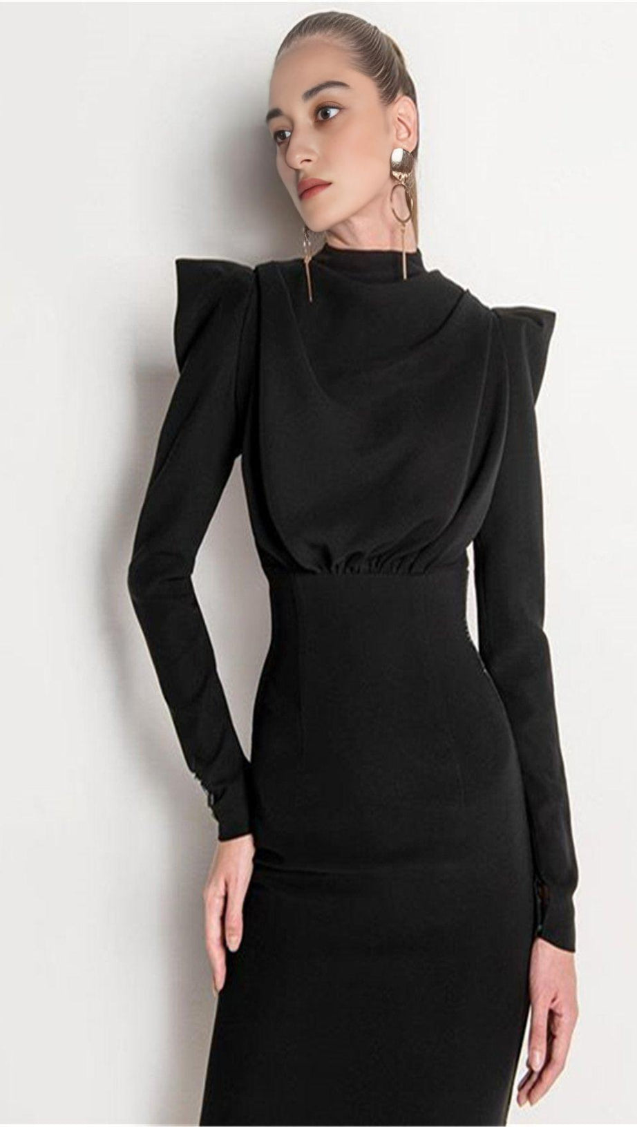 BLACK MID-NECK PADDED SHOULDER WAIST TIE DRESS
