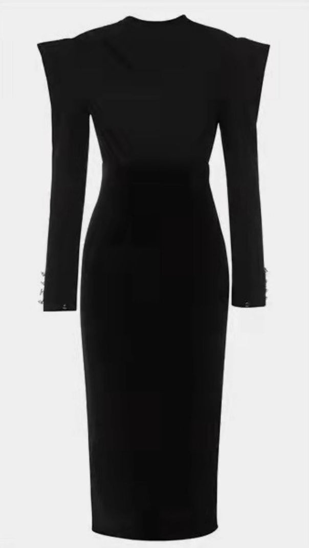 AIIZIE BLACK MID-NECK PADDED SHOULDER WAIST TIE DRESS - product image