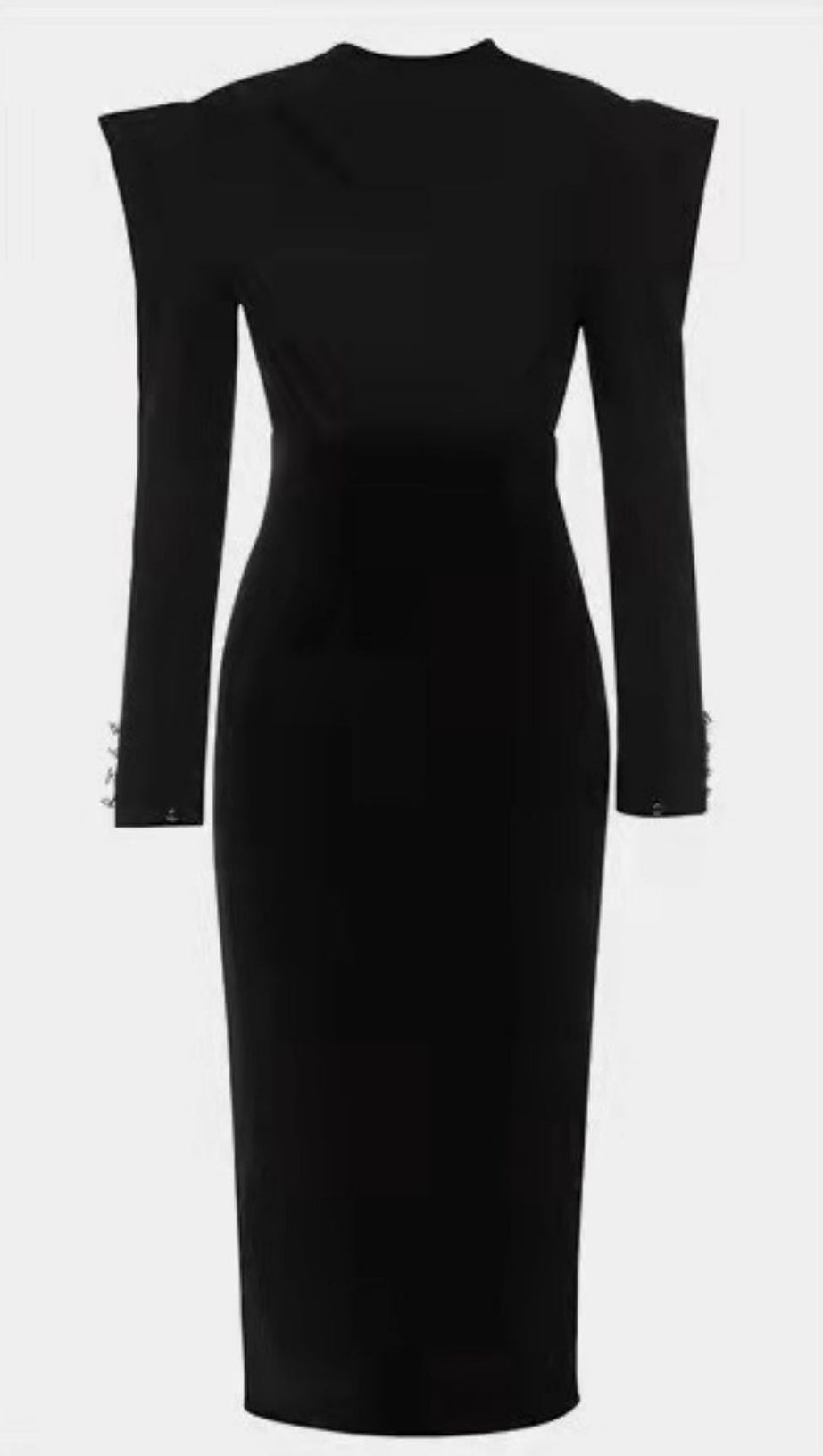 BLACK MID-NECK PADDED SHOULDER WAIST TIE DRESS