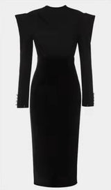 Black Mid-Neck Padded Shoulder Waist Tie Dress