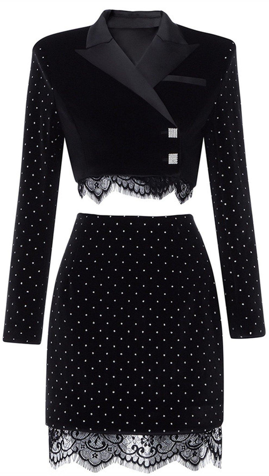 DRAPIERTES SPITZEN-SMOKINGKLEID IN SCHWARZ