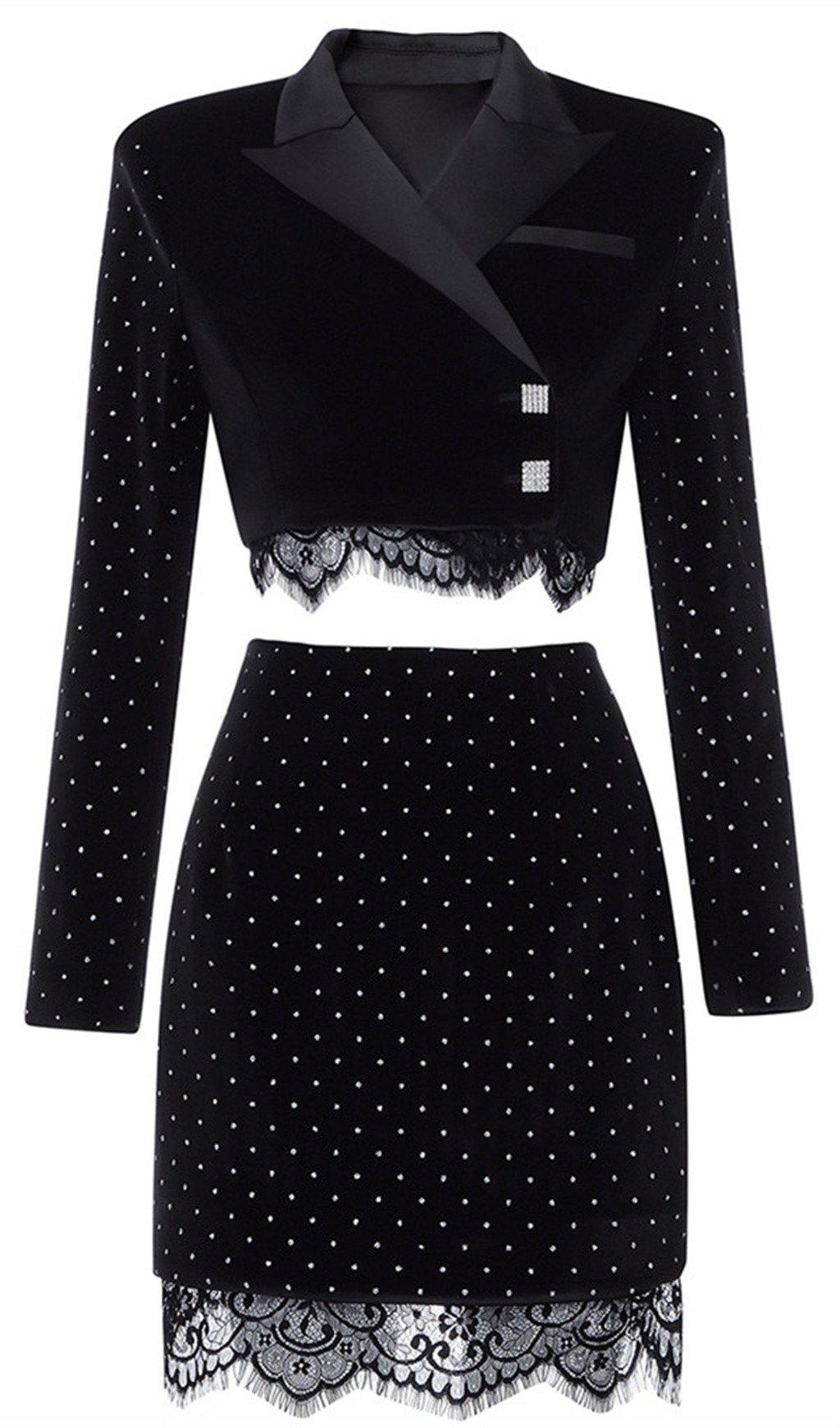 DRAPIERTES SPITZEN-SMOKINGKLEID IN SCHWARZ