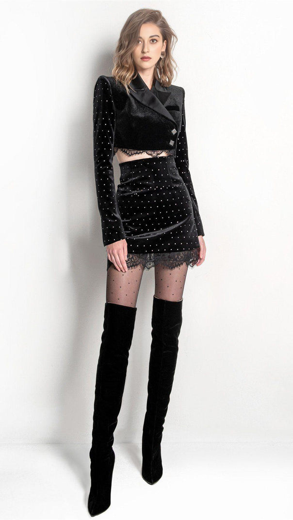 AIIZIE LACE DRAPED TUXEDO DRESS IN BLACK - product image