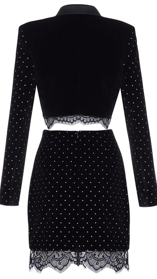 AIIZIE LACE DRAPED TUXEDO DRESS IN BLACK - product image