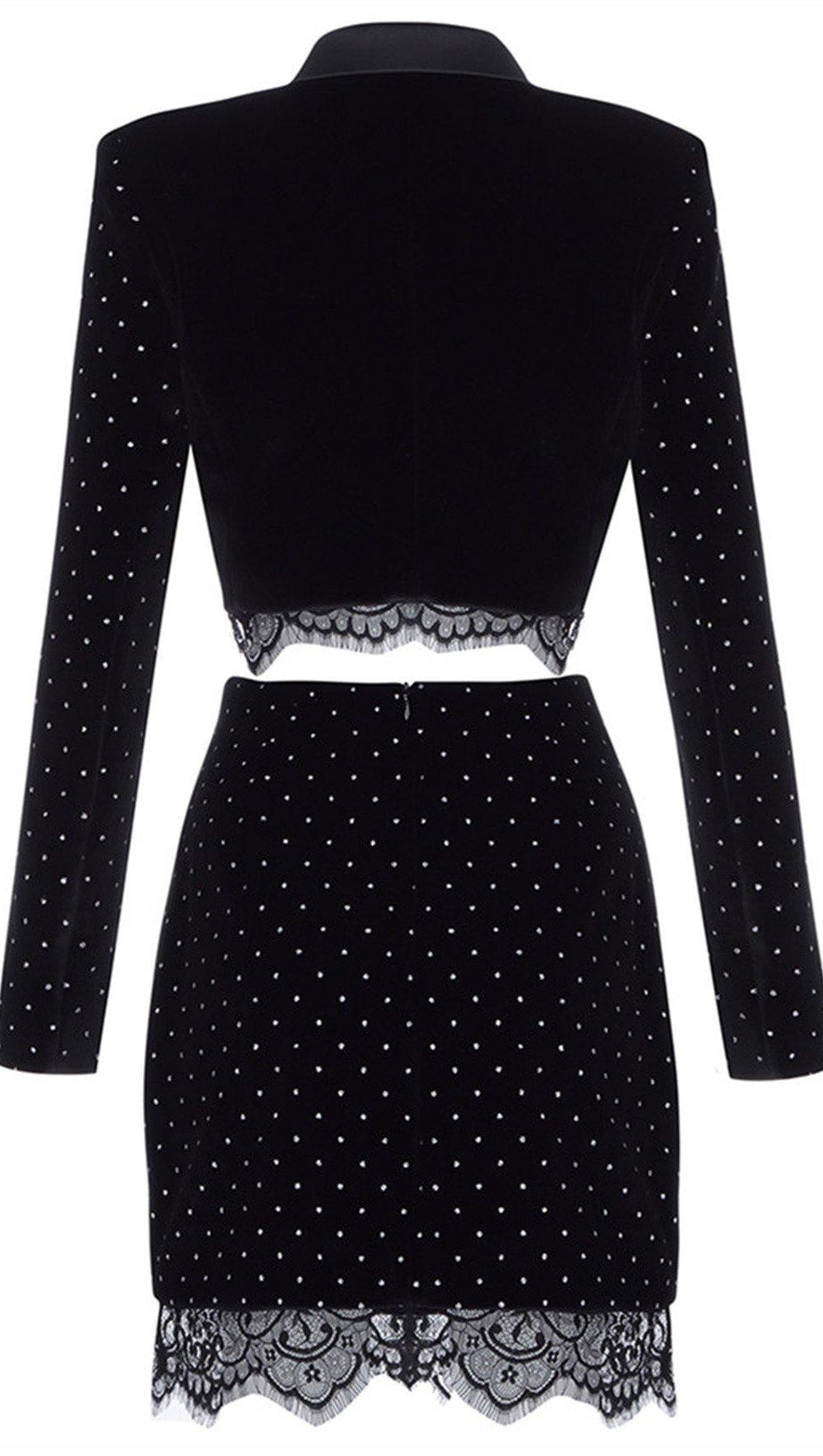 DRAPIERTES SPITZEN-SMOKINGKLEID IN SCHWARZ