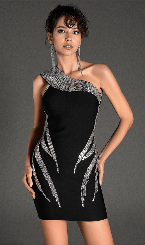 Kappeas One Shoulder Rhinestone Mini Dress