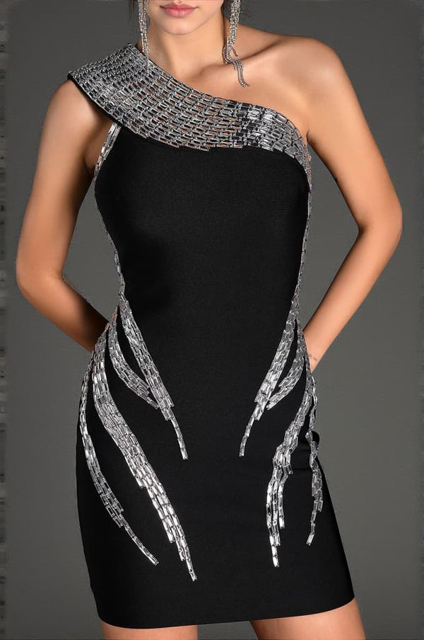 Kappeas One Shoulder Rhinestone Mini Dress