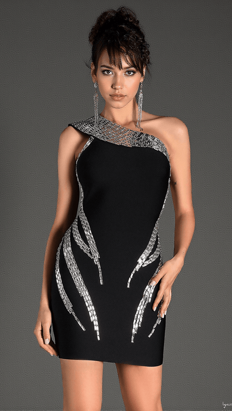 KAPPEAS ONE SHOULDER RHINESTONE MINI DRESS