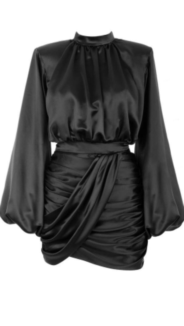 AIIZIE BLACK HEAVY SATIN HIGH NECKED DRAPED DRESS - product image