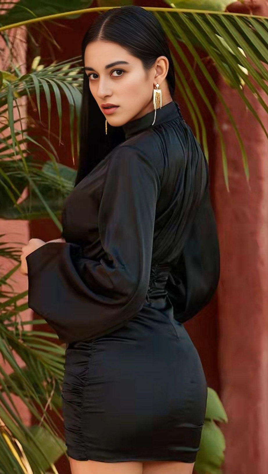 BLACK HEAVY SATIN HIGH NECKED DRAPED DRESS