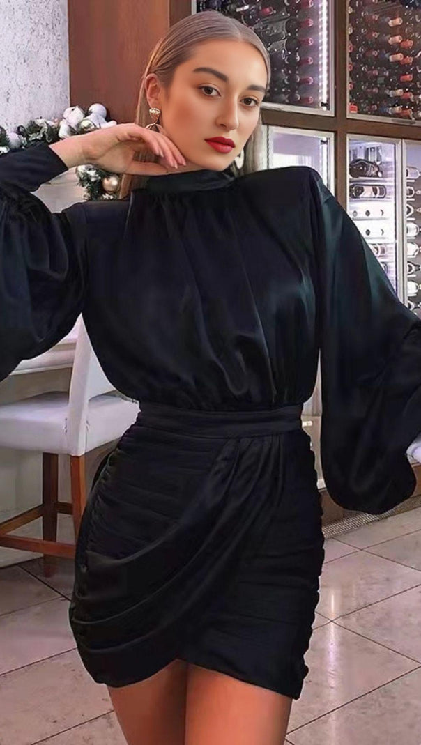 AIIZIE BLACK HEAVY SATIN HIGH NECKED DRAPED DRESS - product image
