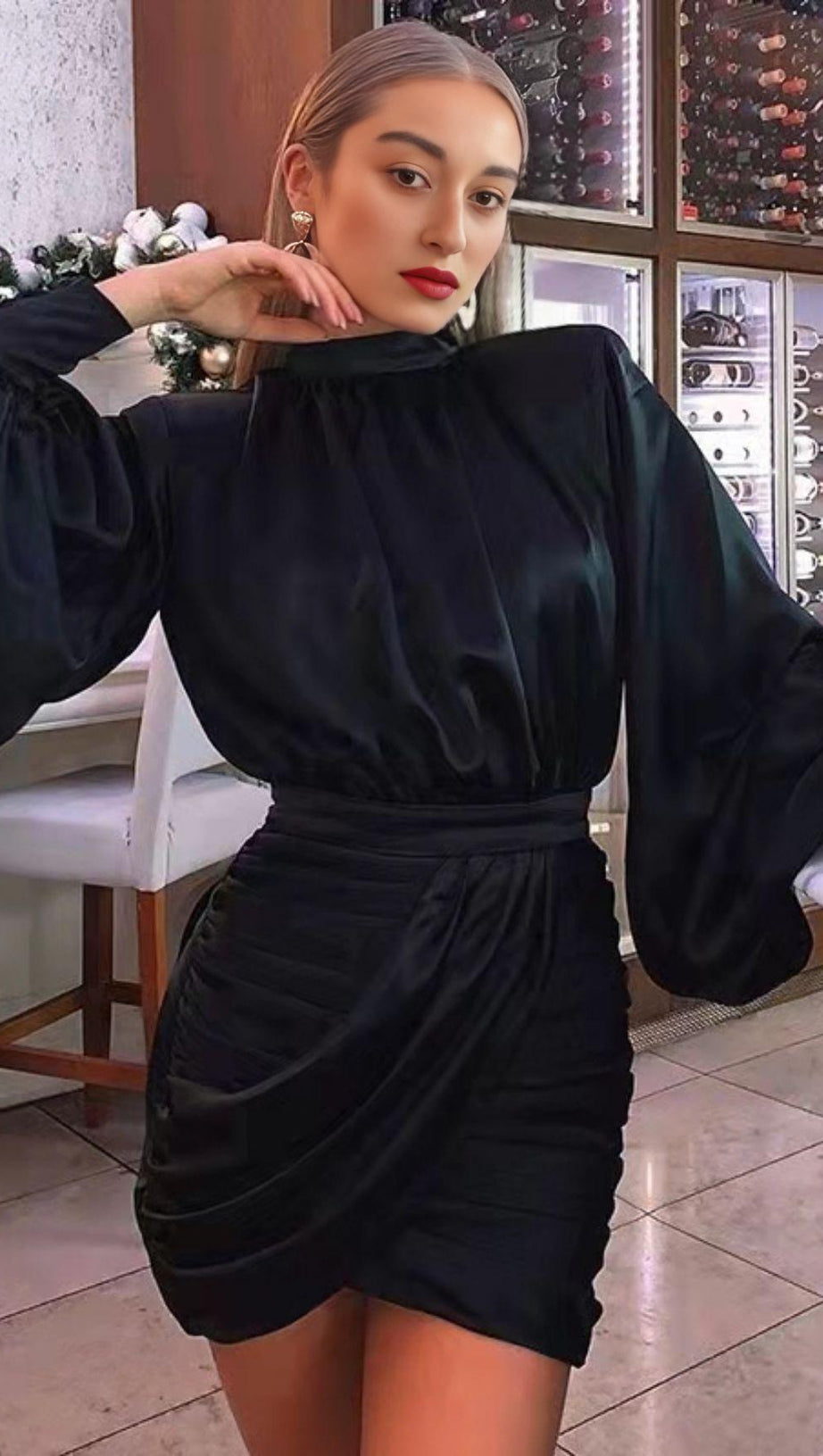 BLACK HEAVY SATIN HIGH NECKED DRAPED DRESS