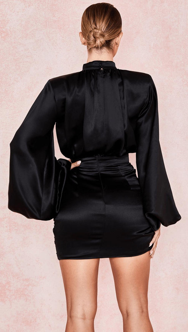 AIIZIE BLACK HEAVY SATIN HIGH NECKED DRAPED DRESS - product image