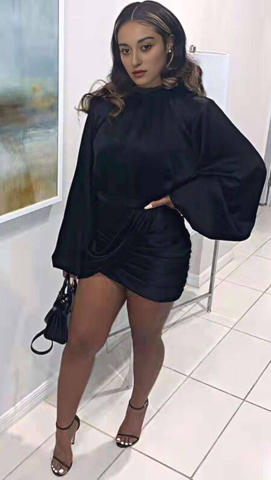 BLACK HEAVY SATIN HIGH NECKED DRAPED DRESS