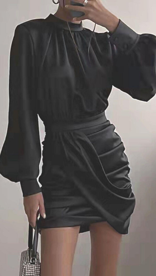 AIIZIE BLACK HEAVY SATIN HIGH NECKED DRAPED DRESS - product image