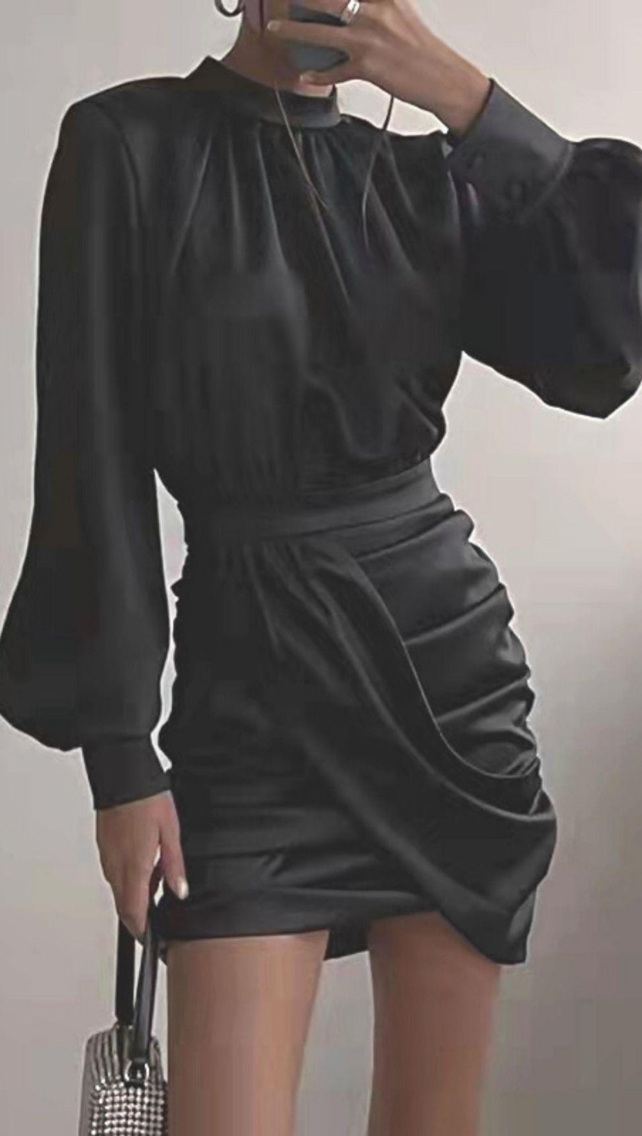 BLACK HEAVY SATIN HIGH NECKED DRAPED DRESS