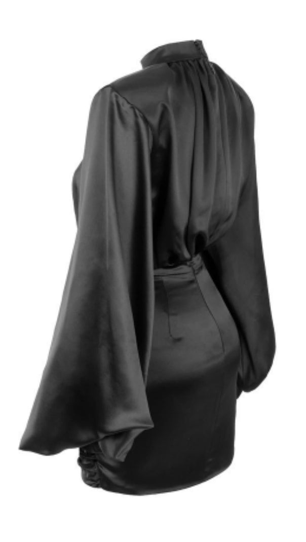Black Heavy Satin High Necked Draped Dress
