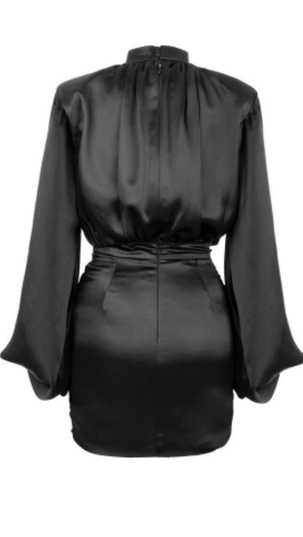 Black Heavy Satin High Necked Draped Dress