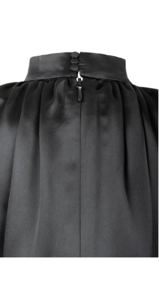 Black Heavy Satin High Necked Draped Dress