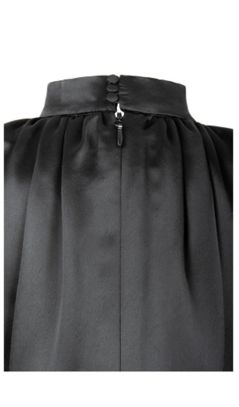 BLACK HEAVY SATIN HIGH NECKED DRAPED DRESS