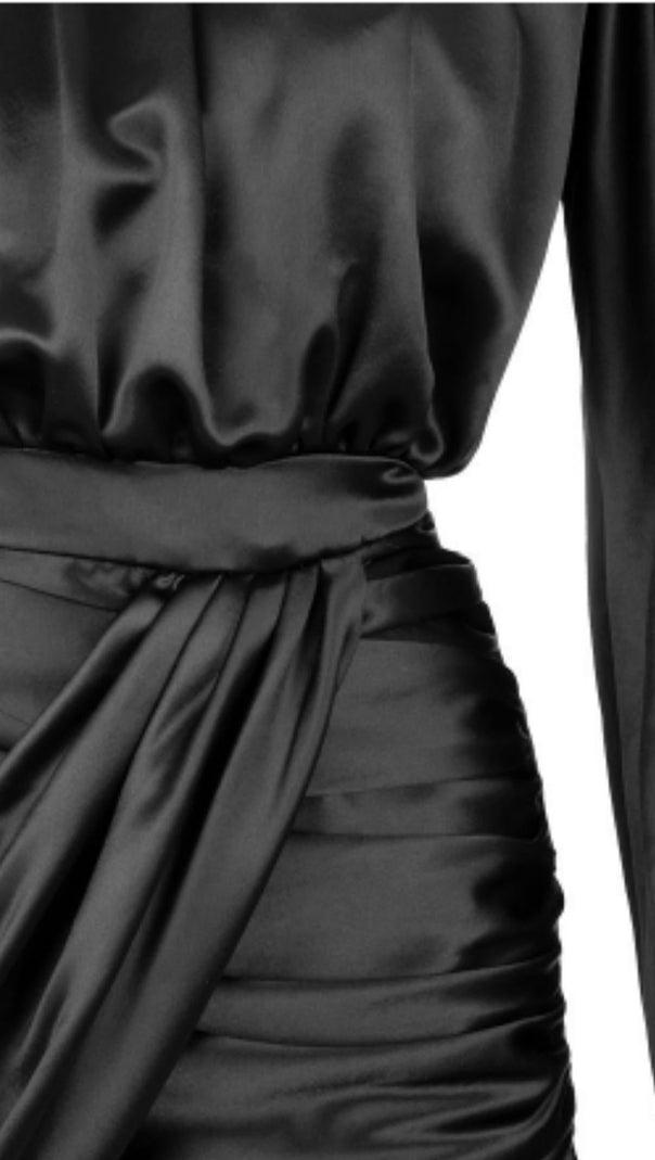 Black Heavy Satin High Necked Draped Dress