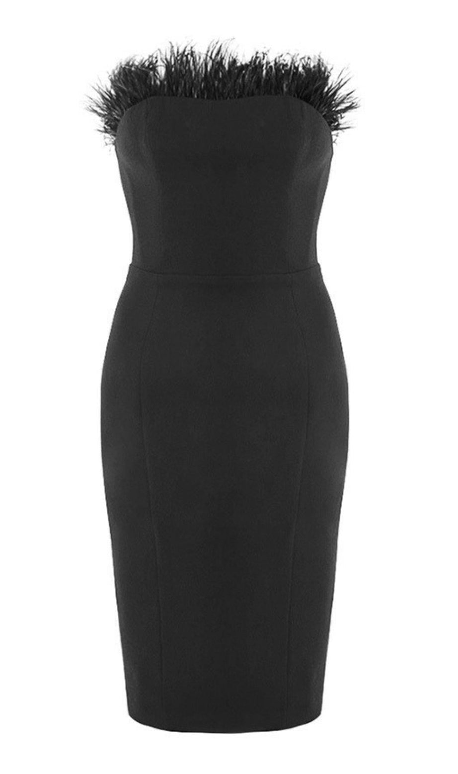 TRÄGERLOSES KLEID MIT FEDERN IN SCHWARZ