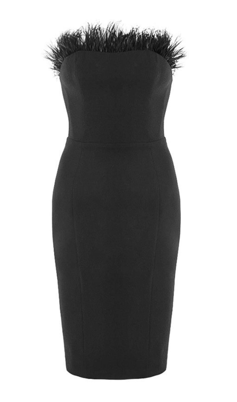 FEATHER STRAPLESS DRESS IN BLACK