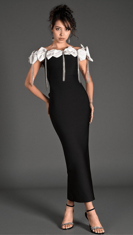 PALAIOLIS BOW RHINESTONE FRINGE BANDAGE DRESS