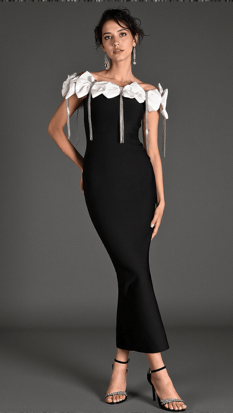 PALAIOLIS BOW RHINESTONE FRINGE BANDAGE DRESS