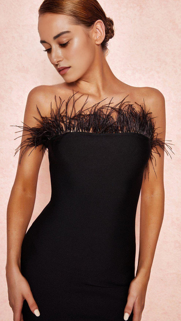 AIIZIE FEATHER STRAPLESS DRESS IN BLACK - product image