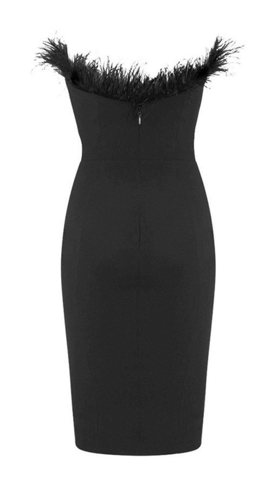 FEATHER STRAPLESS DRESS IN BLACK