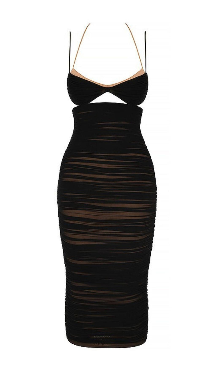 SCHWARZES MIDIKLEID MIT GERÜSCHEN UND CUTOUTS