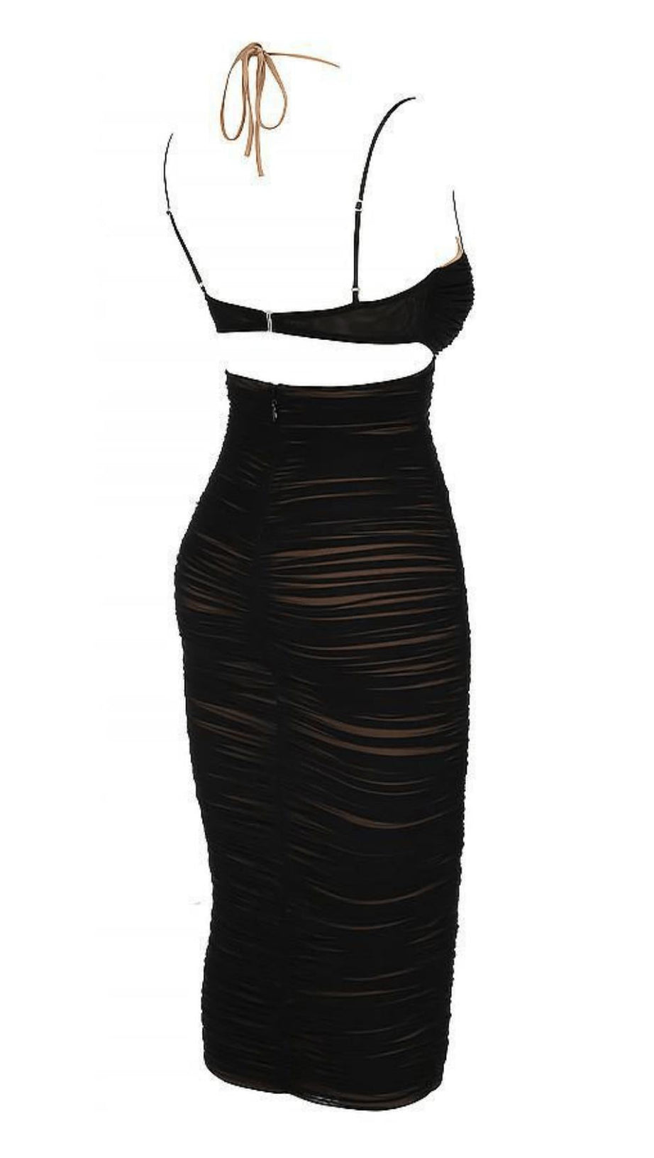 BLACK CUTOUT RUCHED MIDI DRESS