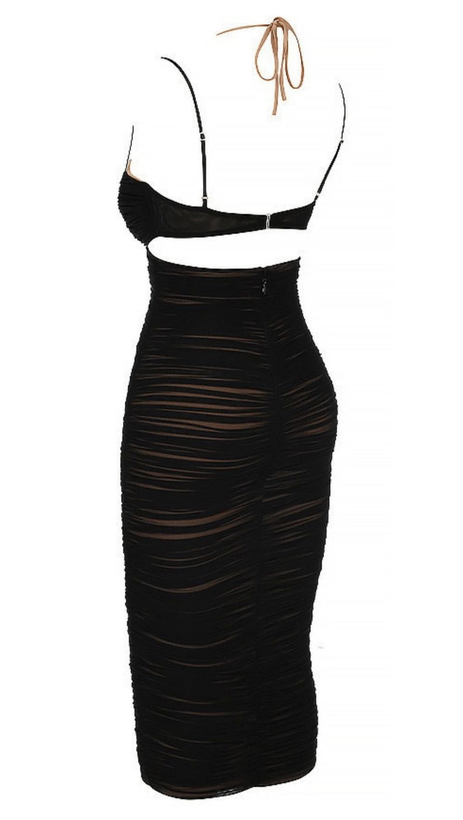BLACK CUTOUT RUCHED MIDI DRESS