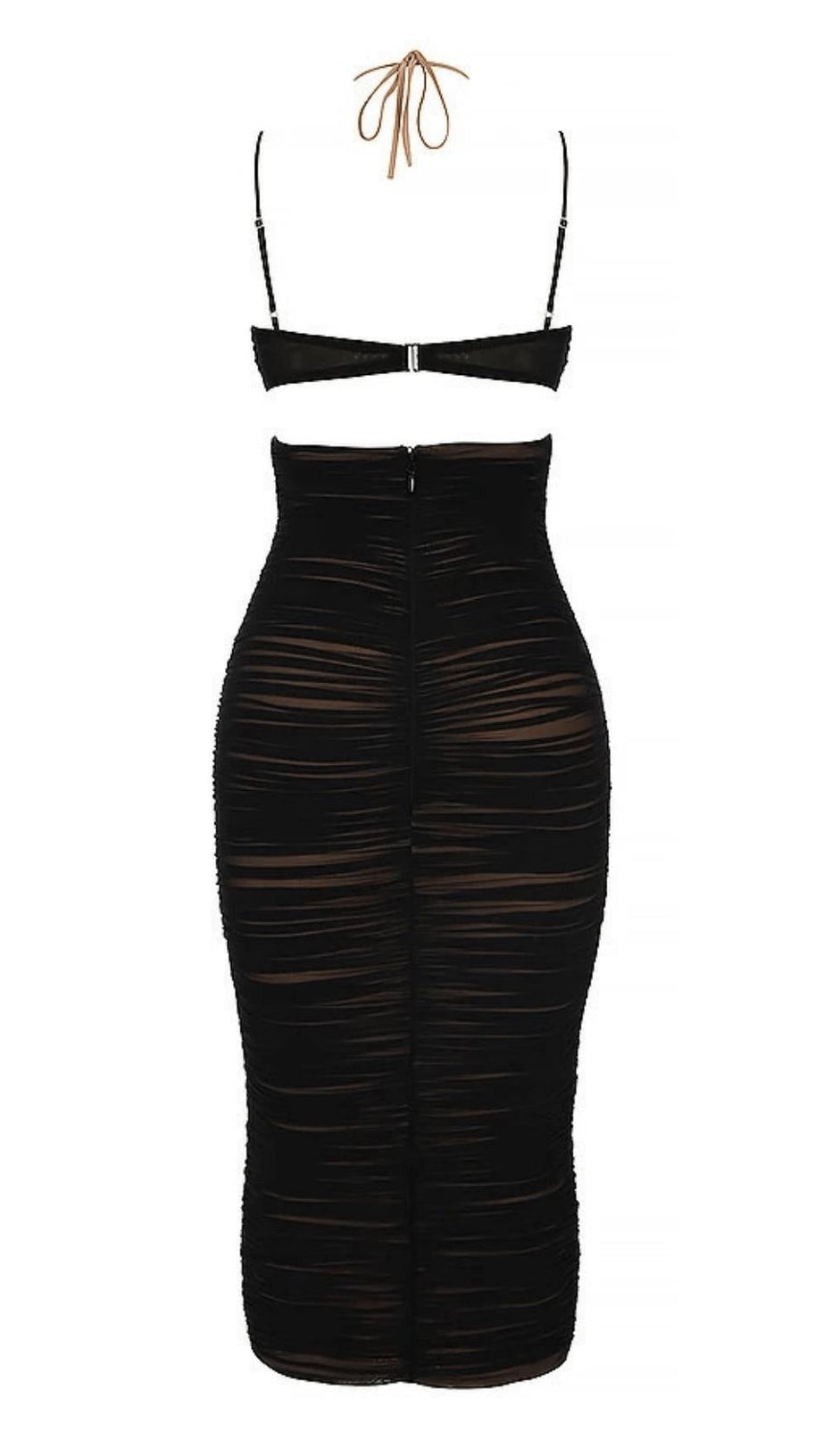 BLACK CUTOUT RUCHED MIDI DRESS