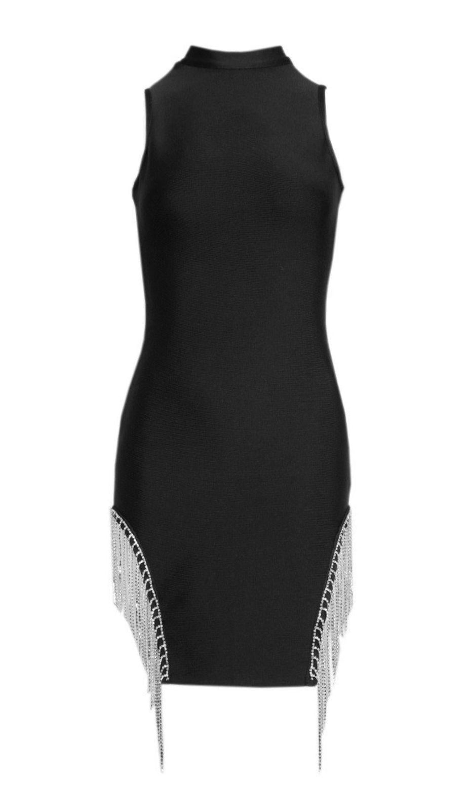 SCHWARZES KLEID MIT KRISTALLBESATZ