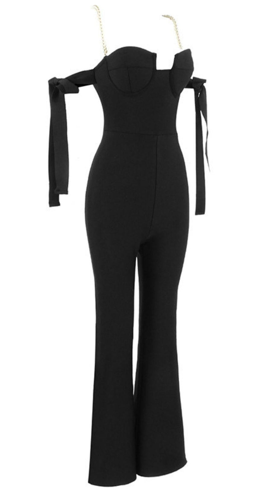 SCHWARZER BANDAGE-JUMPSUIT MIT TAILLE