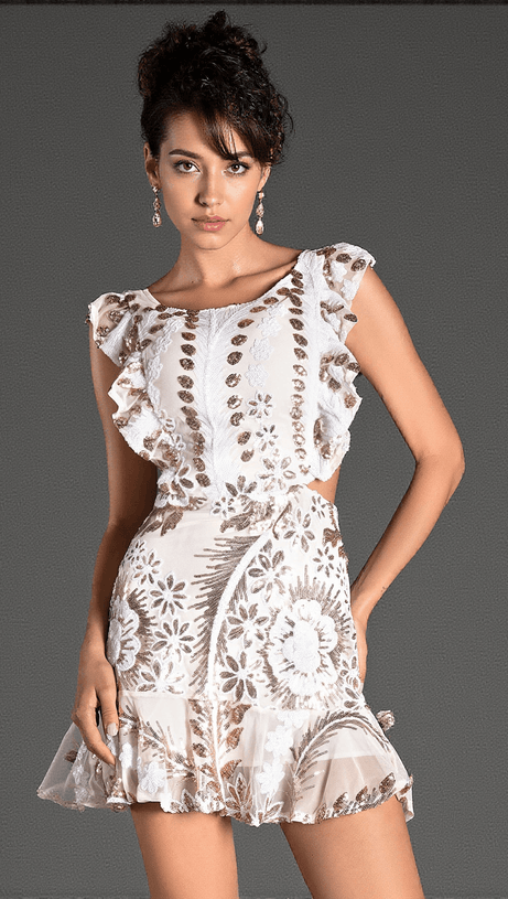 PEPOGLOU SEQUIN FLORAL RUFFLE MINI DRESS