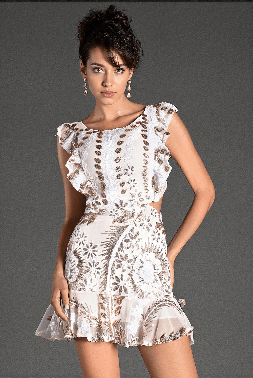 PEPOGLOU SEQUIN FLORAL RUFFLE MINI DRESS