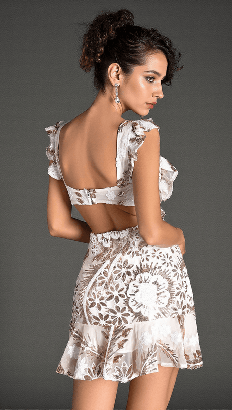 PEPOGLOU SEQUIN FLORAL RUFFLE MINI DRESS