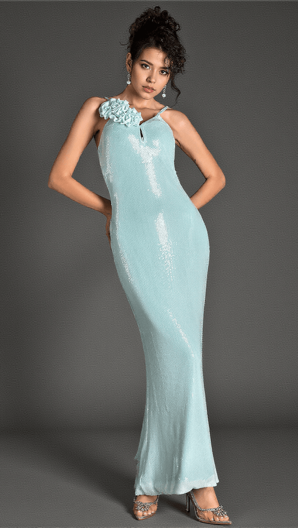 AIIZIE SOPHOCLES STRAP FLOWER SEQUIN MAXI DRESS - product image